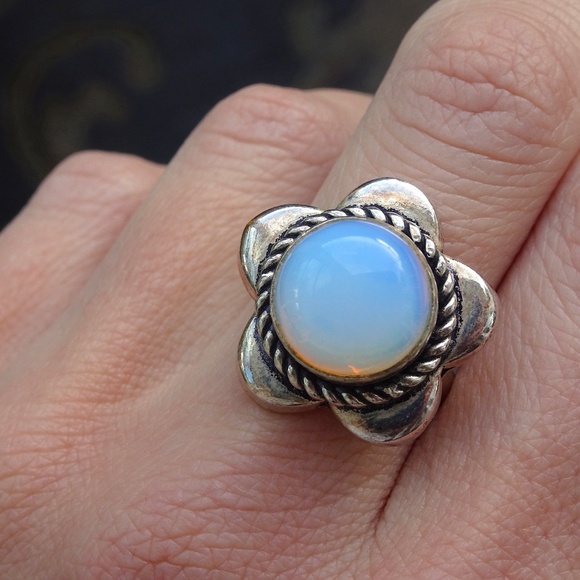 Hand Crafted Jewelry - Sterling Silver 925 Daisy Opalite Flower Unique Boho Hippie Handcrafted Ring